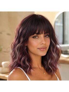 Women's Wine with Ash Blaonde Nnzes Short Wavy Bangs Shoulder Length Curly Wig